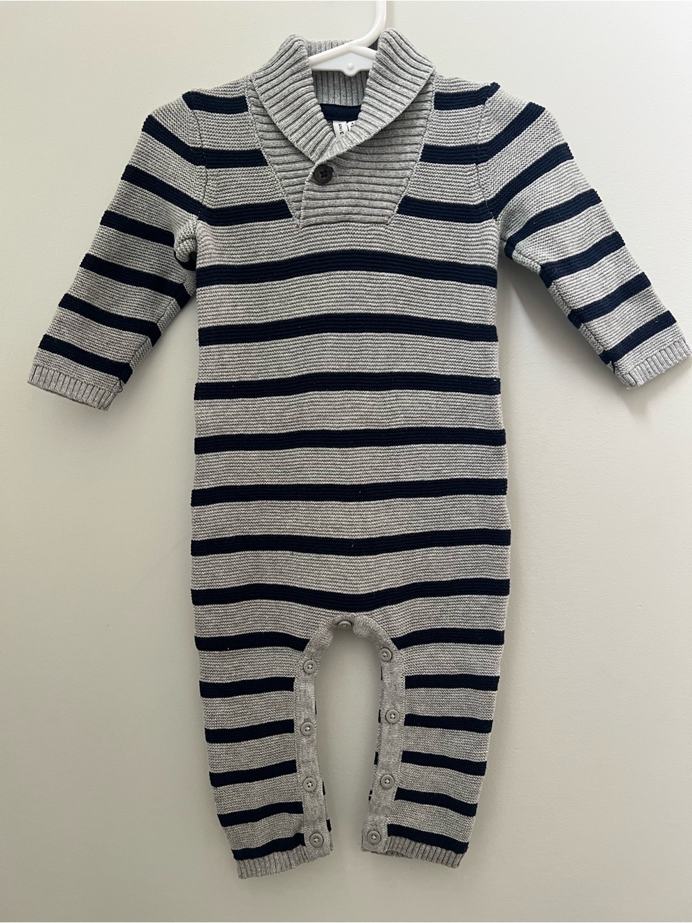 Janie and Jack Gray and Navy Striped Shawl-Collar Knit One-Piece